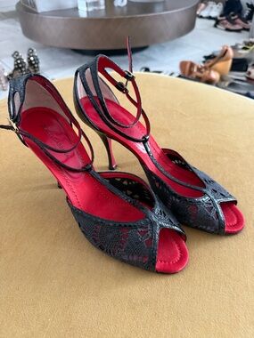Dolce & Gabbana Black Lace & Red Satin Peep-Toe Heels